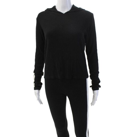 Cale Womens Cotton Ribbed Knit Stripe Hood Casual Top Pants Set Black Size L - Picture 2 of 10